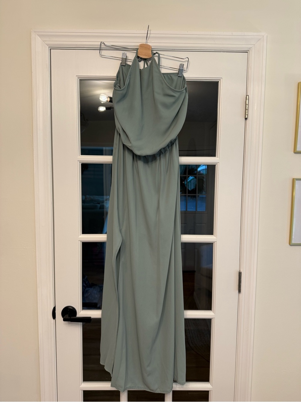Elegant Silver Sage Green Halter Maxi Dress